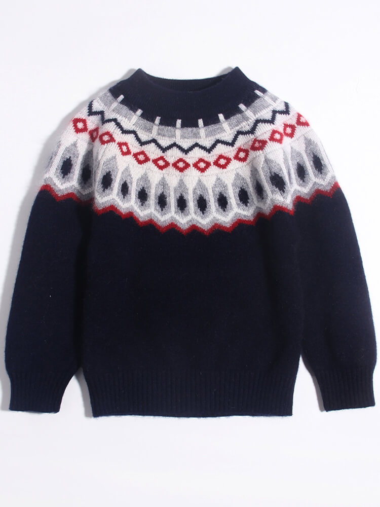 Kids Nordic Pattern Fair Isle Cashmere Crewneck Pullover Sweater